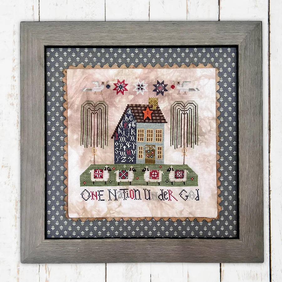 Dirty Annie's - One Nation Under God (with button)-Dirty Annies - One Nation Under God with button, faith, patriotism, willow trees, sheep, house, cross stitch