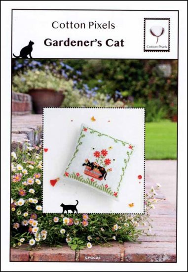 Cotton Pixels - Gardener's Cat-Cotton Pixels - Gardeners Cat, kitty, garden, plants, flowers, black cat, cross stitch