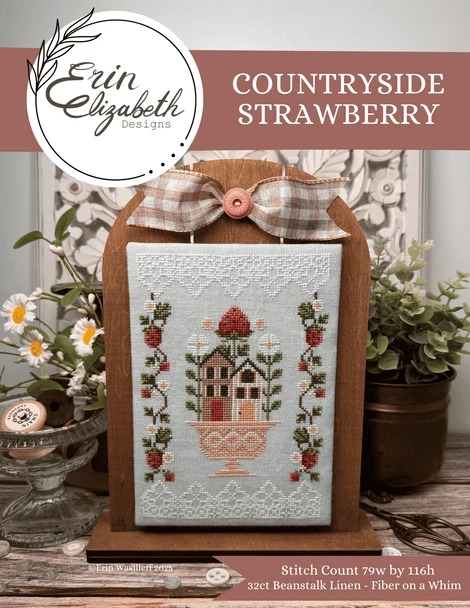 Erin Elizabeth Designs - Countryside Strawberry-Erin Elizabeth Designs - Countryside Strawberry, houses, flowers, vintage bowl, lace, 2026 Needlework Marketplace Release, cross stitch