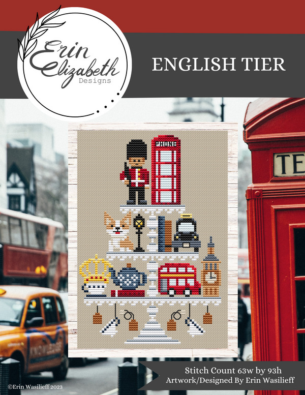 Erin Elizabeth Designs - English Tier-Erin Elizabeth Designs - English Tier, England, guard, corgi, queen, tea, phone booth, royalty, crown, cross stitch