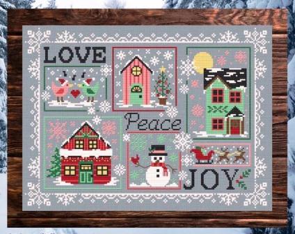 Erin Elizabeth Designs - Love Peace Joy-Erin Elizabeth Designs - Love Peace Joy, winter, birds, home, snowman, Santas sleigh, birds, cross stitch 