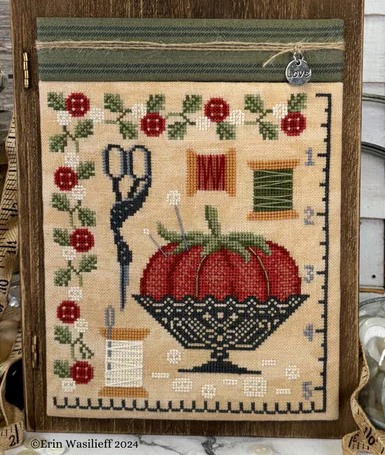 Erin Elizabeth Designs - Sewing Tomato-Erin Elizabeth Designs - Sewing Tomato, pin cushion, scissors, spool, floss, buttons, tape measure, needles, pins, tomato pin, strawberry, vine, cross stitch