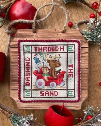 Frony Ritter Designs - Dashing through the Sand-Frony Ritter Designs - Dashing through the Sand, reindeer, teddy bear, bird, Christmas lights, beach, Christmas, cross stitch, Expo