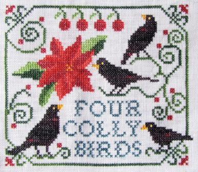 Cottage Garden Samplings - 12 Days of Christmas - #04 - Four Colly Birds-Cottage Garden Samplings - 12 Days of Christmas - 04 - Four Colly Birds, berries, black bird, poinsettia,   Cross Stitch Pattern