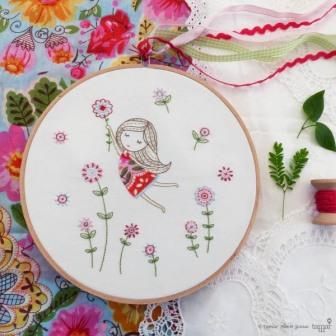 DMC - Tamar - Girl in a Red Dress - Printed Cross Stitch Kit-DMC - Tamar - Girl in a Red Dress - Printed Cross Stitch Kit, flowers, little girl, 