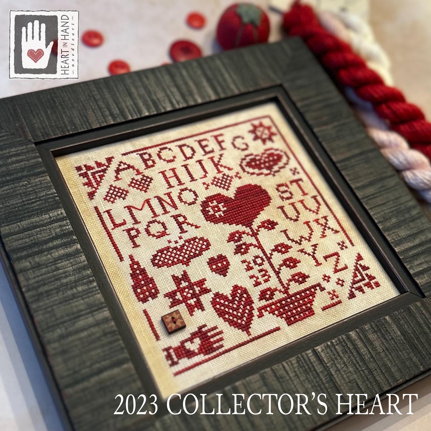 Heart in Hand Needleart - 2023 Collector's Heart Kit-Heart in Hand Needleart - 2023 Collectors Heart Kit, monotone, reds, sampler, hearts, cross stitch