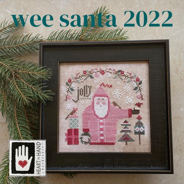 Heart in Hand Needleart - 2022 Wee Santa-Heart in Hand Needleart - 2022 Wee Santa, Santa Claus, pink, jolly, cardinal, garland, pine trees, cross stitch