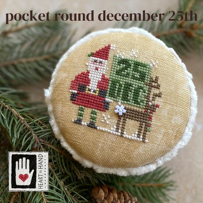 Heart in Hand Needleart - Pocket Round December 25th-Heart in Hand Needleart - Pocket Round December 25th, Christmas, Jesus, Rudolph, Santa Claus, ornament, cross stitch