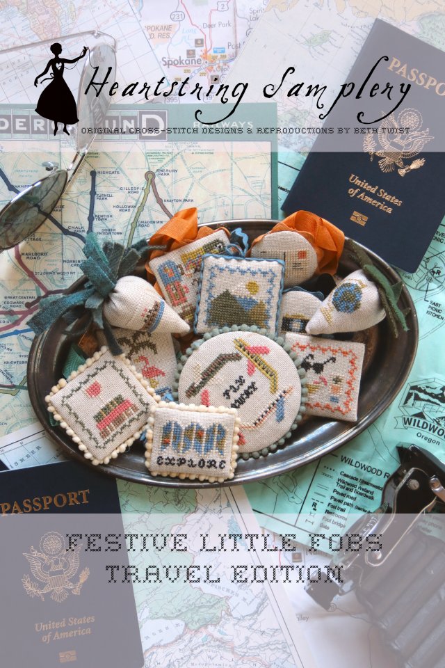 Heartstring Samplery - Festive Little Fobs - Travel Edition-Heartstring Samplery - Festive Little Fobs - Travel Edition, airplane, mountains, vacation, family, ships, flamingo, cross stitch, Nashville, 