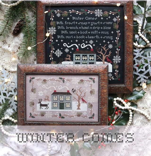 Heartstring Samplery - Winter Comes-Heartstring Samplery - Winter Comes, snowman, snowflakes, deer, home, fireplace, family, cross stitch, 
