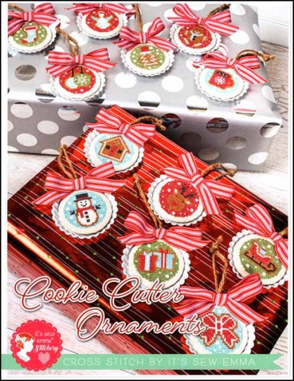It's Sew Emma Stitchery - Cookie Cutter Ornaments-Its Sew Emma Stitchery - Cookie Cutter Ornaments, Christmas, rounds, Christmas tree, snowman, Rudolph, cross stitch
