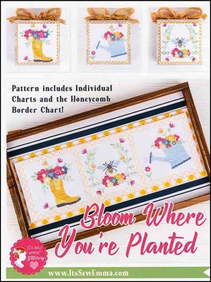 It's Sew Emma Stitchery - Bloom Where You're Planted-Its Sew Emma Stitchery - Bloom Where Youre Planted, FLOWERS, rain boot, bee, watering can, cross stitch 