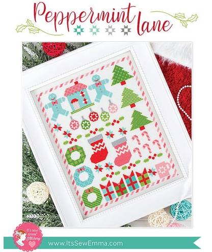 It's Sew Emma Stitchery - Peppermint Lane-Its Sew Emma Stitchery - Peppermint Lane, Christmas, stockings, gingerbread men, Christmas trees, presents, mug, wreath, cross stitch