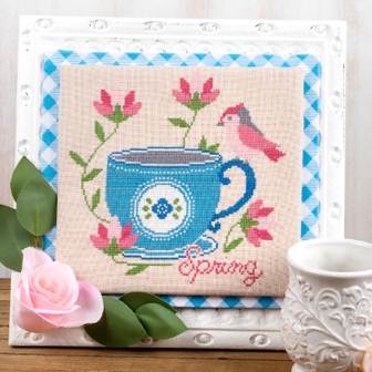 It's Sew Emma Stitchery - Tea Thyme-Its Sew Emma Stitchery - Tea Thyme, tea cup, spring, pink bird, blue cup, tea, coffee, cross stitch 