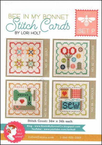 It's Sew Emma Stitchery - Bee in My Bonnet Stitch Cards - Set P-Its Sew Emma Stitchery - Bee in My Bonnet Stitch Cards - Set P, Quilt, Scissors, Sewing Machine, Spools, cross stitch