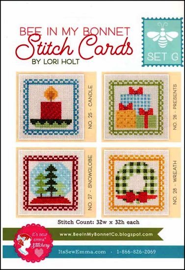 It's Sew Emma Stitchery - Bee in My Bonnet Stitch Cards - Set G-Its Sew Emma Stitchery - Bee in My Bonnet Stitch Cards - Set G, Candle, Presents, Snowglobe, Wreath, Christmas, cross stitch