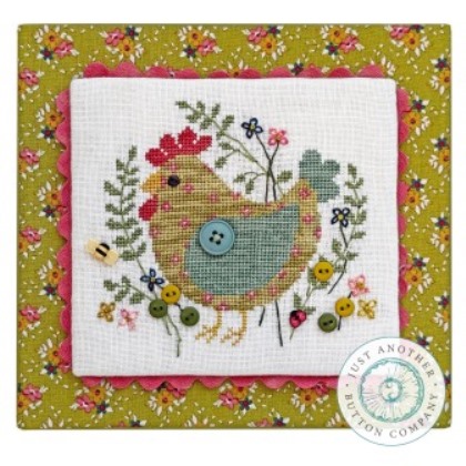 Just Another Button Company - Calico Chick (Free chart with button purchase)-Just Another Button Company - Calico Chick Free chart with button purchase, chicken, buttons, ladybug, flowers, cross stitch