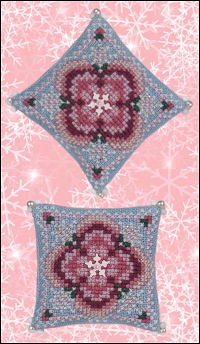 Just Nan - Winter Rose Petite Flower Cushion-Just Nan - Winter Rose Petite Flower Cushion, snowflakes, beads, cross stitch, sequin, 