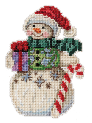 Mill Hill - Snowman with Candy Cane by Jim Shore (2021)-Mill Hill - Snowman with Candy Cane by Jim Shore 2021, winter, Christmas, candy cane, gifts, ornament, cross stitch, beading, 
