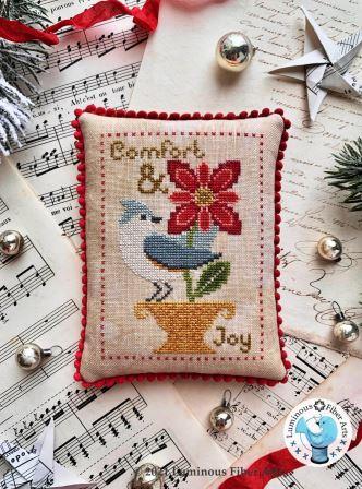 Luminous Fiber Arts - Comfort & Joy-Luminous Fiber Arts - Comfort  Joy, Christmas, poinsettia, blue bird, pincushion, ornament, winter, cross stitch 