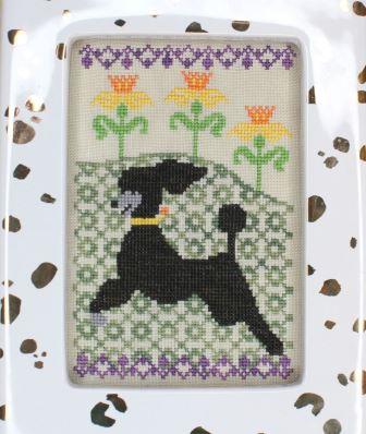 Lindy Stitches - Dogs in the Garden Series - Frolicking in the Daffodils-Lindy Stitches - Dogs in the Garden Series - Frolicking in the Daffodils, poodle, zoomies, puppy, dogs, happy, springtime, cross stitch, Nashville Needlework Market