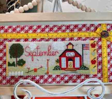 Luhu Stitches - My Father's House Series #9 September-Luhu Stitches - My Fathers House Series 9 September, fall, school, children, schoolhouse, American flag, see-saw, apple tree, PS.1, ruler, cross stitch