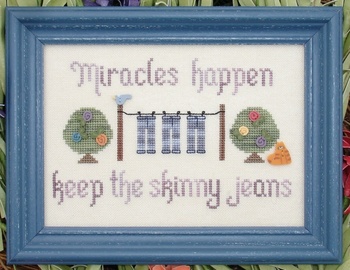 My Big Toe Designs - Miracles Happen - Cross Stitch Pattern-My, Big, Toe, Designs,Miracles,Happen, Cross, Stitch, Pattern, diets, humor, clothesline, trees, buttons, bluebird, clothes, jeans