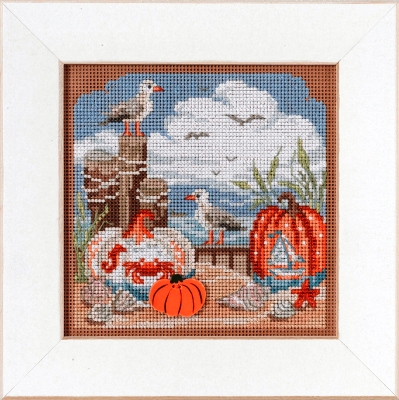 Mill Hill - Autumn Series - Fall Beach Kit-Mill Hill - Autumn Series - Fall Beach Kit, seagull. pumpkin, crabs, ocean, sand, clouds, beading, perforated paper, cross stitch