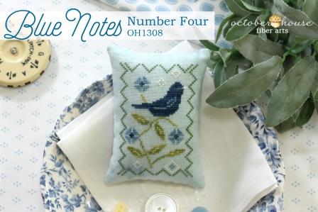 October House - Blue Notes Number 4-October House - Blue Notes Number 4, blue bird, pillow, blues, flowers, cross stitch
