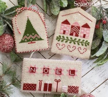 October House - Tree Trimmings-October House - Tree Trimmings, Christmas trees, ornamments, houses, pinks, cross stitch 