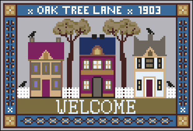 Twin Peak Primitives - Oak Tree Lane Welcome-Twin Peak Primitives - Oak Tree Lane Welcome, home, samplers, trees, houses, cross stitch 