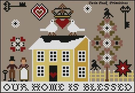 Twin Peak Primitives - Our Home is Blessed-Twin Peak Primitives - Our Home is Blessed,  house, happy home, cross stitch 