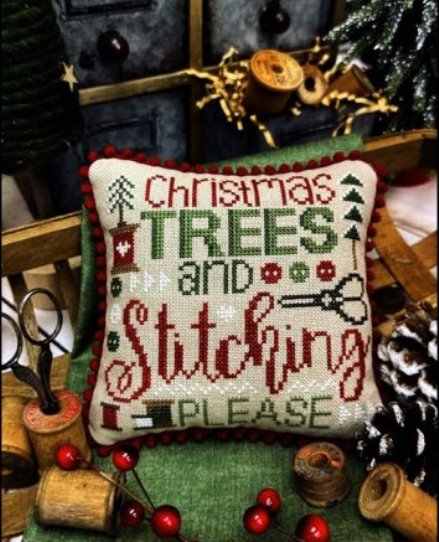 Primrose Cottage Stitches - Christmas Trees & Stitching Please-Primrose Cottage Stitches - Christmas Trees  Stitching Please, cross stitch, spools, threads, scissors, pincushion, Christmas