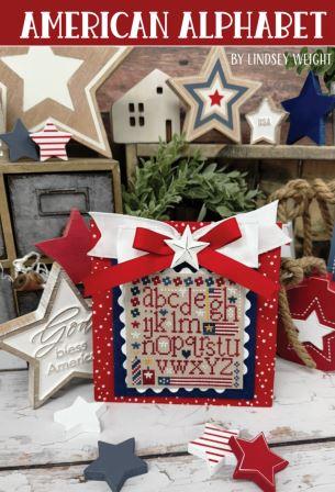 Primrose Cottage Stitches - American Alphabet-Primrose Cottage Stitches - American Alphabet, sampler, pillow, USA, patriotic, Americana, red whote  blue, cross stitch, fire crackers, 