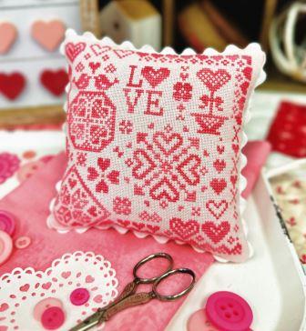 Primrose Cottage Stitches - Valentine's Day Quaker-Primrose Cottage Stitches - Valentines Day Quaker, hearts, bird, love, romance, pillow, pincushion, cross stitch, pink, 