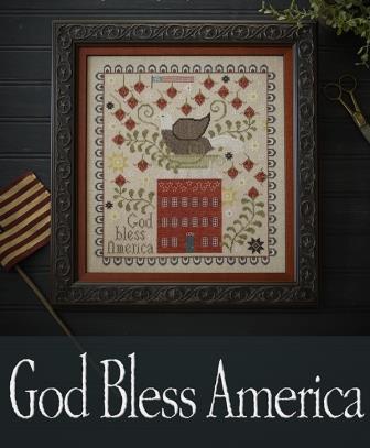 Plum Street Samplers - God Bless America-Plum Street Samplers - God Bless America, American eagle, brick home, American flag, USA, flowers, cross stitch