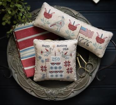 Plum Street Samplers - Happy Birthday, USA-Plum Street Samplers - Happy Birthday, USA, birds, American flag, flowers, 1776, pin pillpws. cross stitch, patriotic 