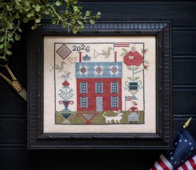 Plum Street Samplers - Miss Pilkington's Cottage-Plum Street Samplers - Miss Pilkingtons Cottage, American Flag, USA, flowers, vases, sampler, Ellen Pilkington, 1852, 2026, girl, home, cross sttch 