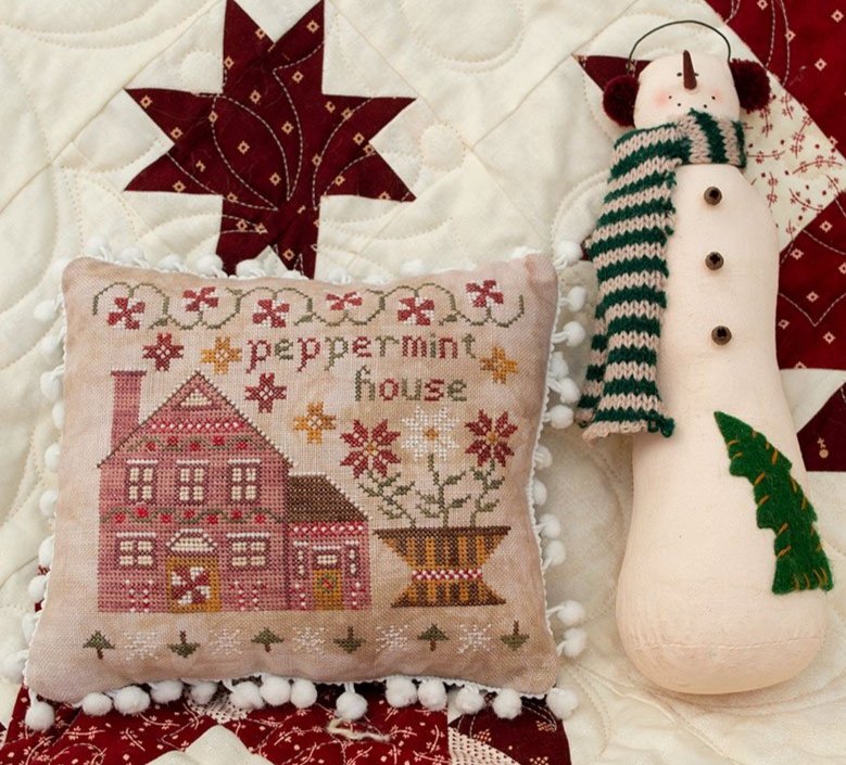 Pansy Patch Quilts and Stitchery - Houses on Peppermint Lane Pt 1 - Peppermint House-Pansy Patch Quilts and Stitchery - Houses on Peppermint Lane Pt 1 - Peppermint House, snowflakes, quilts, flowers, cross stitch, winter, 