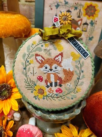 Quaint Rose Needlearts - Pin Drum Shorties - 09 Fox-Quaint Rose Needlearts - Pin Drum Shorties - 09 Fox,  September, fall, mushroom, sunflowers, moths, cross stitch, auto-ship club 