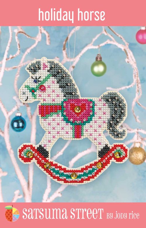 Satsuma Street - Holiday Horse Ornament Kit-Satsuma Street - Holiday Horse Ornament Kit, rocking horse, perforated paper, Christmas ornament, cross stitch, beads, 