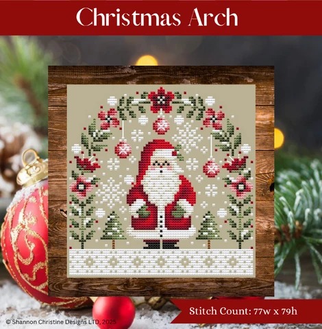 Shannon Christine Designs - Christmas Arch-Shannon Christine Designs - Christmas Arch, Santa Claus, snowflakes, ornaments, pine trees, cross stitch, 2026 Needlework Marketplace Release 