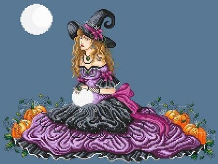 Shannon Christine Designs - Luna-Shannon Christine Designs - Luna, Halloween, witch, moon, night, pumpkins, spiders, party, costume, cross stitch