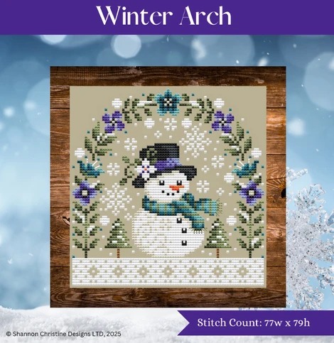 Shannon Christine Designs - Winter Arch-Shannon Christine Designs - Winter Arch, snowman, flowers, pine trees, snowflakes, cross stitch, 2026 Needlework Marketplace Release