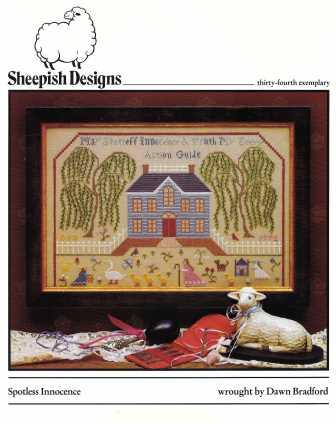 Sheepish Designs - Spotless Innocence-Sheepish Designs - Spotless Innocence, willow trees, house, garden, birds, cross stitch