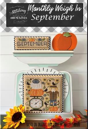 Stitching With The Housewives - Monthly Weigh In - 09 September-Stitching With The Housewives - Monthly Weigh In - September, scarecrow, pumpkins, scale, kitchen, crow, ivy, cross stitch 
