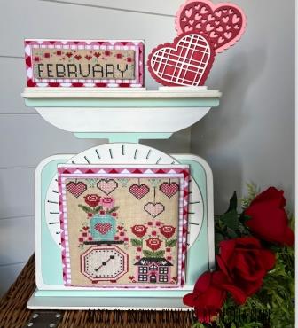 Stitching With The Housewives - Monthly Weigh In - 02 February-Stitching With The Housewives - Monthly Weigh In - 02 February, Valentines Day, hearts, love, scale, kitchen, house, pink, flowers, cross stitch 
