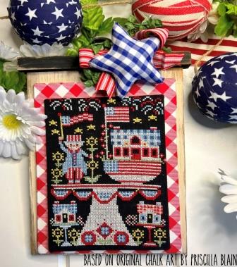 Stitching With The Housewives - Up On a Pedestal - Americana Bakery-Stitching With The Housewives - Up On a Pedestal - Americana Bakery, cake plate, Uncle Sam, American flag, fireworks, houses, mixing bowl, cross stitch, USA, 