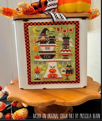 Stitching With The Housewives - Up On a Pedestal - Black Cat Bakery-Stitching With The Housewives - Up On a Pedestal - Black Cat Bakery, Halloween, witch, baking, pumpkins, bats, kitchen, cross stitch 