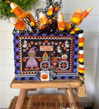 Stitching With The Housewives - Let's Go Ride a Bike - Haunted Trail-Stitching With The Housewives - Lets Go Ride a Bike - Haunted Trail, fall, ghosts, witch, bicycle, candy corn, Halloween, cross stitch 
